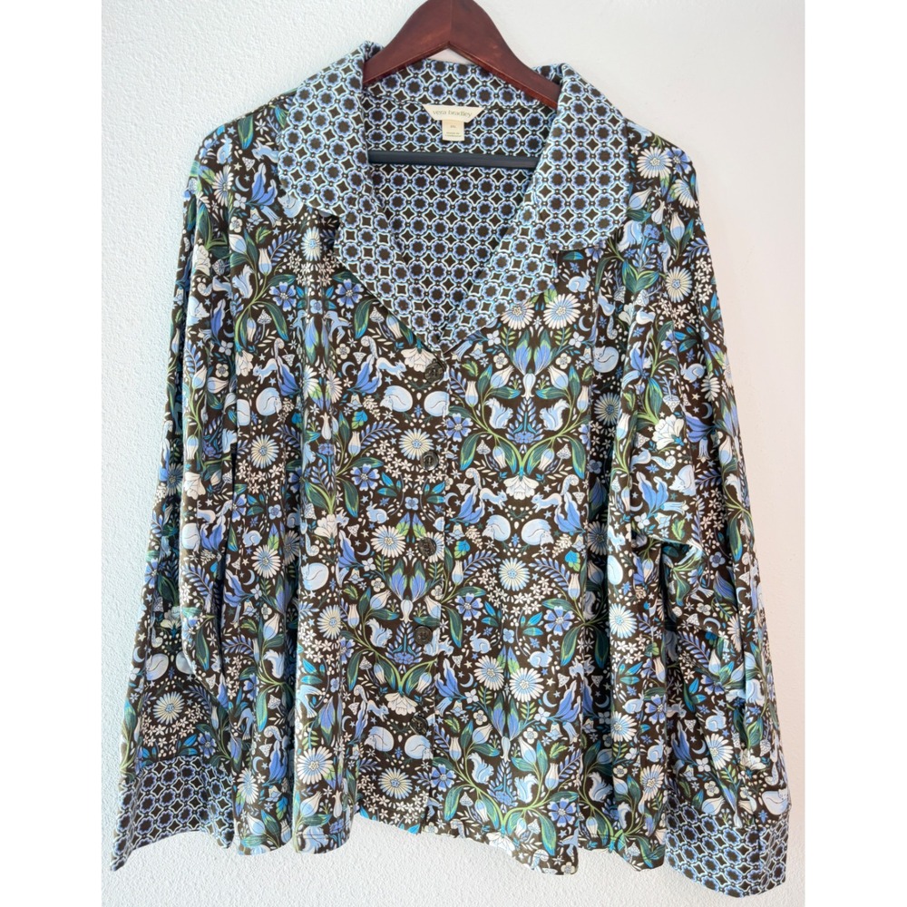 Vera Bradley Enchanted Woodland Pajama Top Button Front Floral Blue Brown XXL